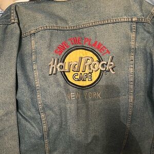 Hard Rock Cafe Blue Denim Jacket with Red and Yellow Logo